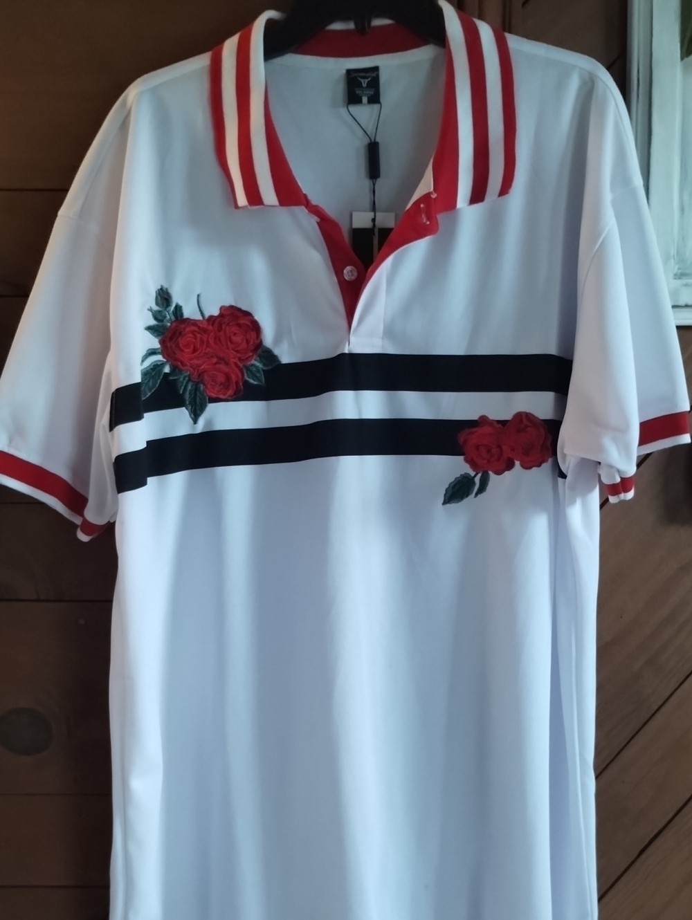 Screenshot Brand White Polo Style Shirt with Red Rose